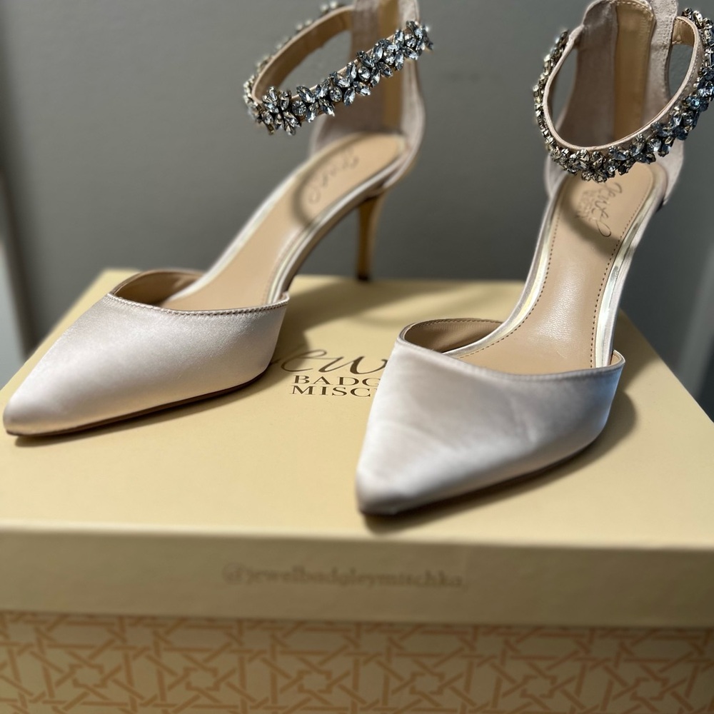 Badgley Mischka Satin Heels with Crystal Ankle Strap